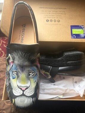 Anuschka Black Leather Loafers with Multicolor Lion Hand-Painted Design